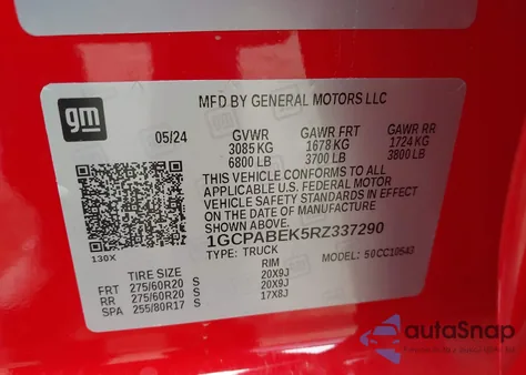 2024 Chevrolet Silverado 1500 2Wd Short Bed Custom из США, поврежденный, VIN 1GCPABEK5RZ337290